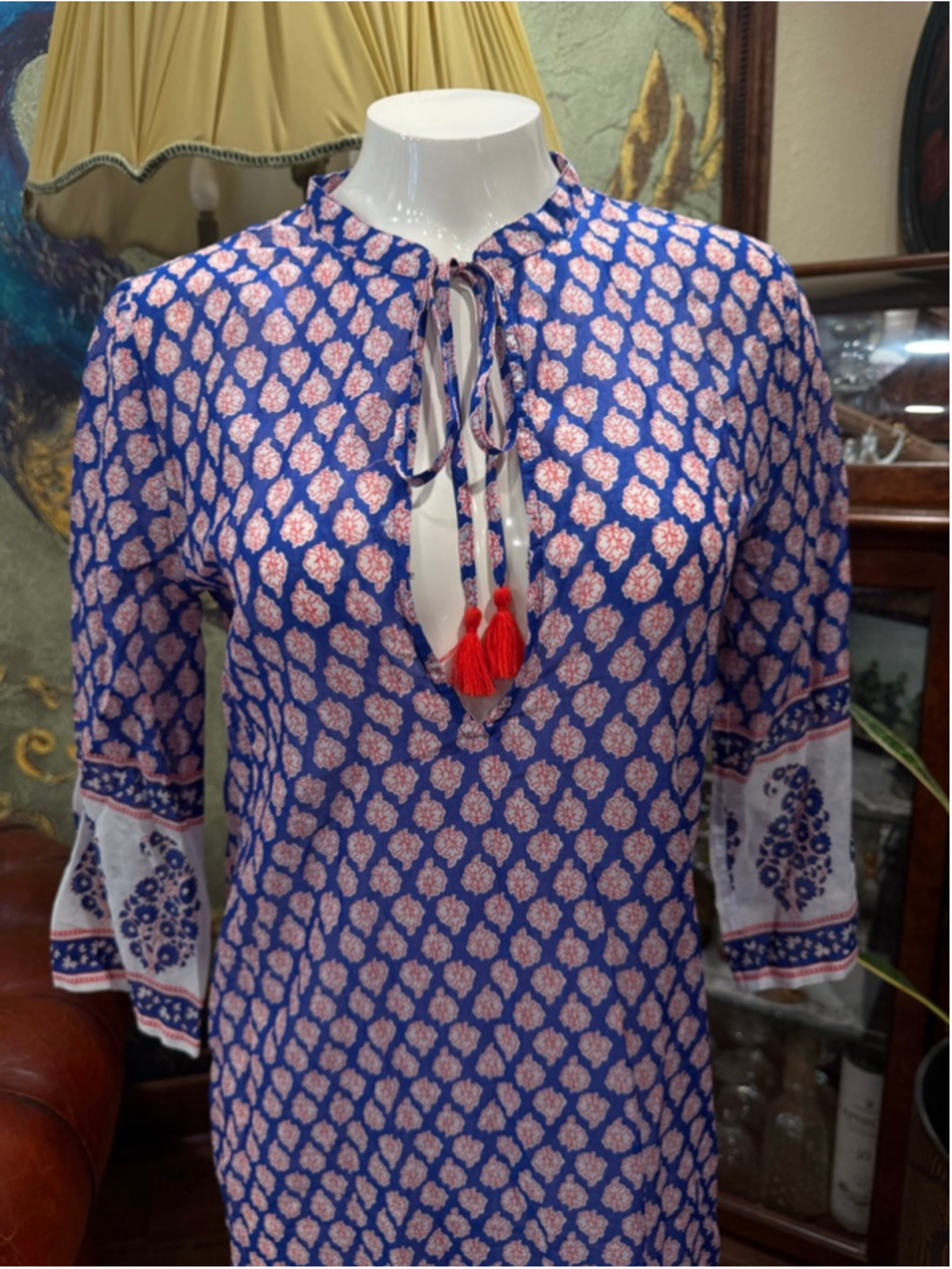 J. Crew Blue Paisley Cotton Caftan Maxi Dress Tassel Tie Boho Coastal XXXS - Picture 4 of 13